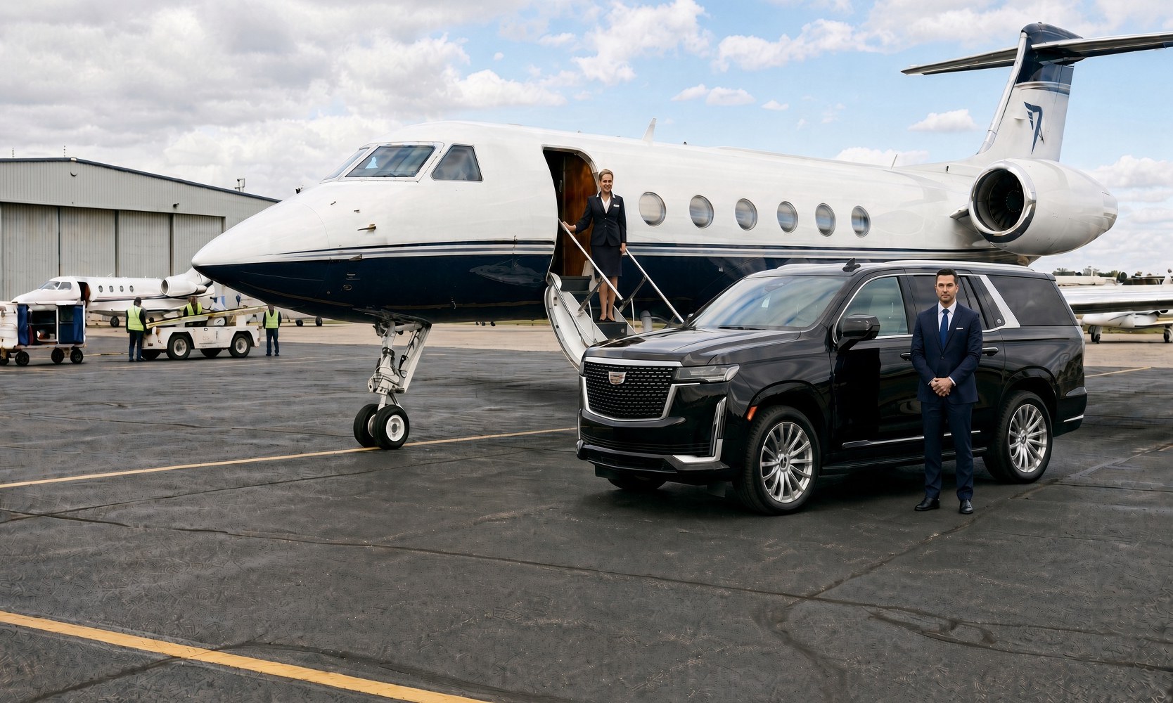Chauffeur waiting beside a black Cadillac Escalade at a private jet on the tarmac
