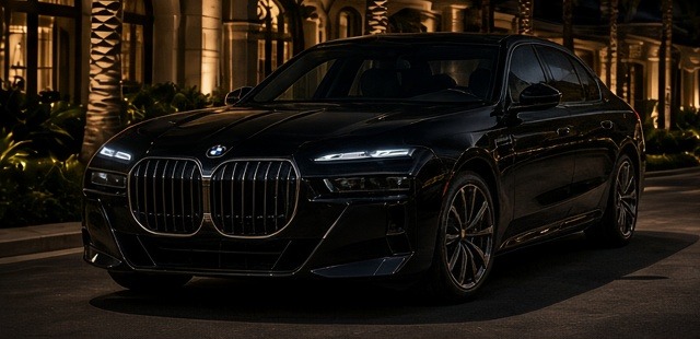 Black luxury sedan at night