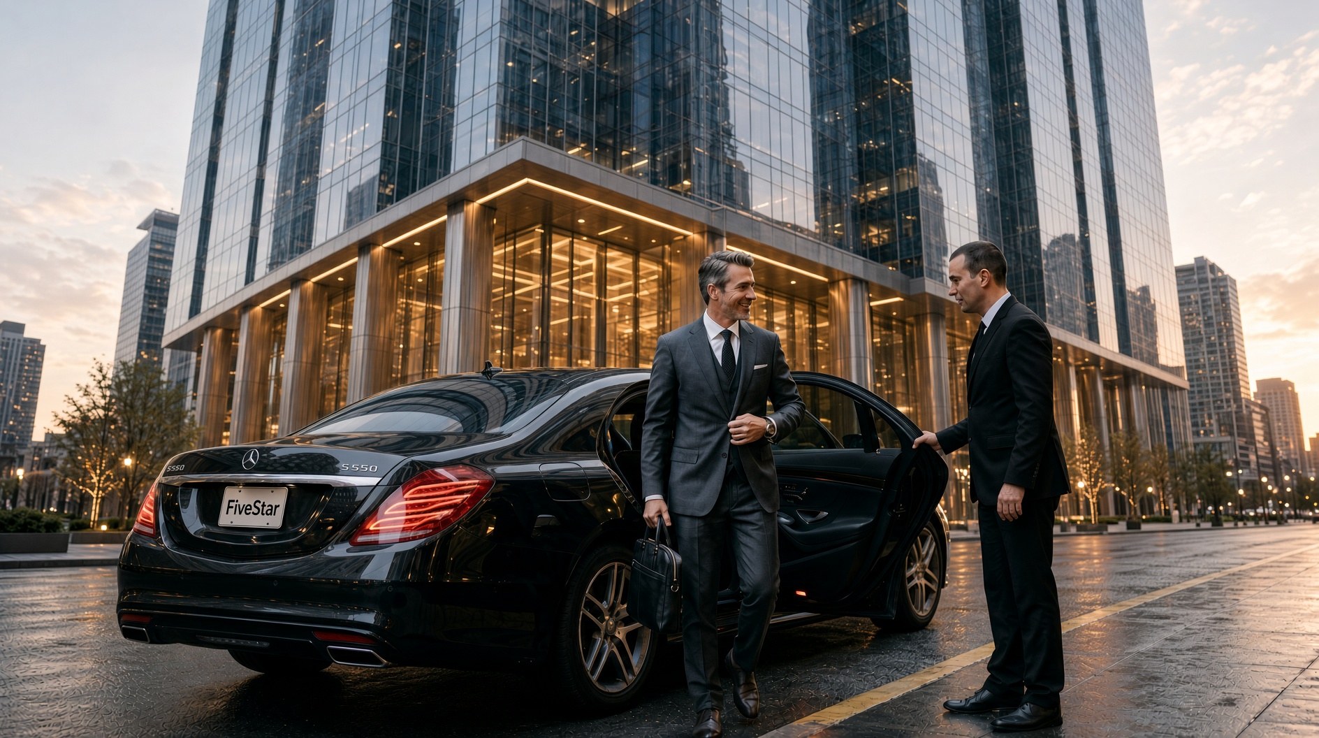 Five Star chauffeur holding the door for a client at dusk