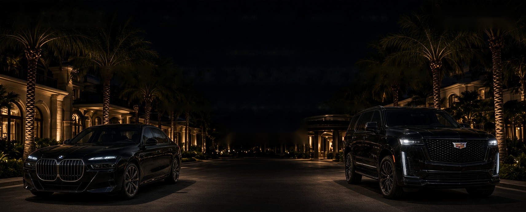 A black BMW 7 Series and Cadillac Escalade parked at night in front of a palm-lined Palm Beach estate