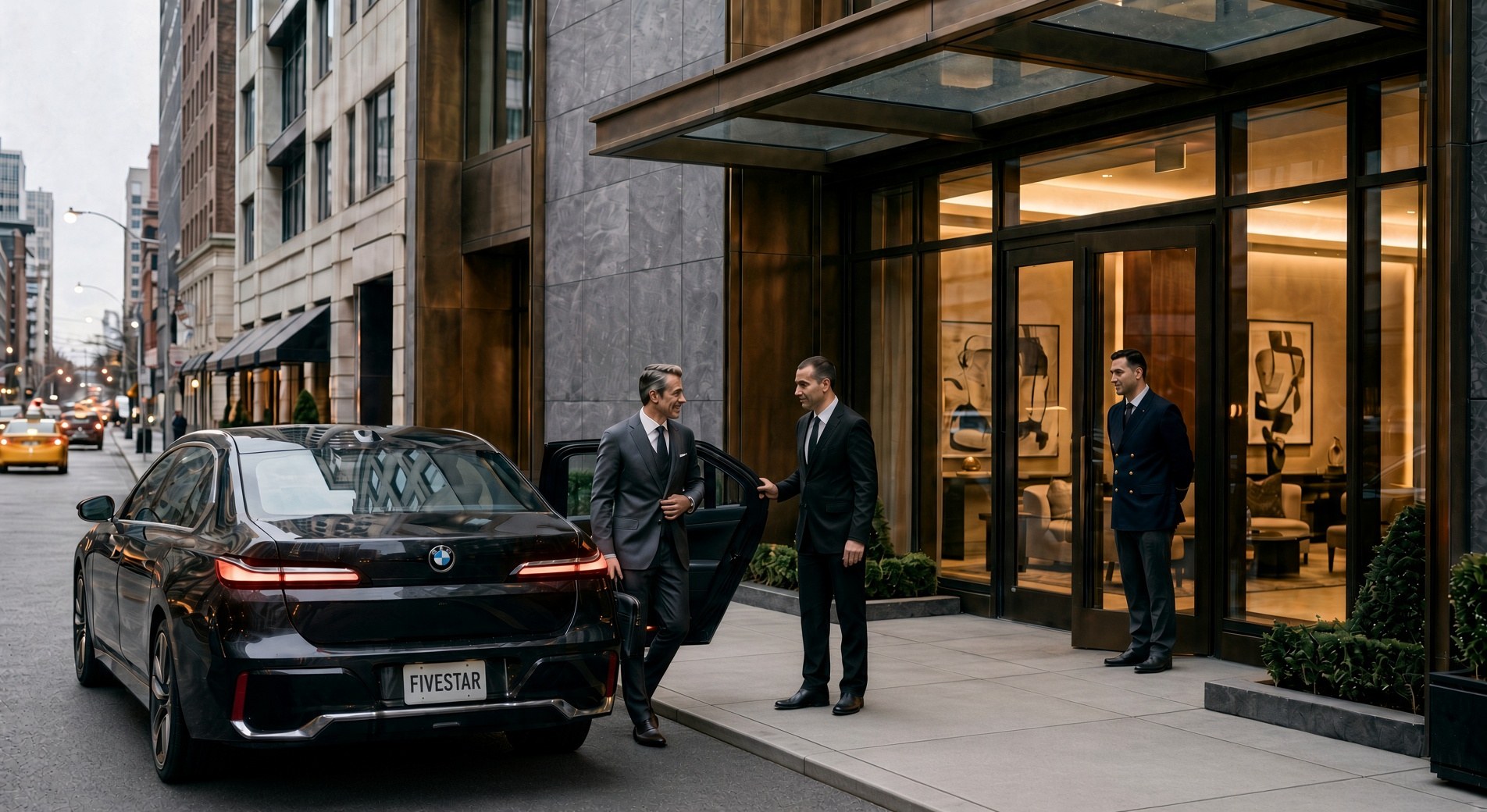 Chauffeur opening the door of a black BMW sedan outside a luxury residence
